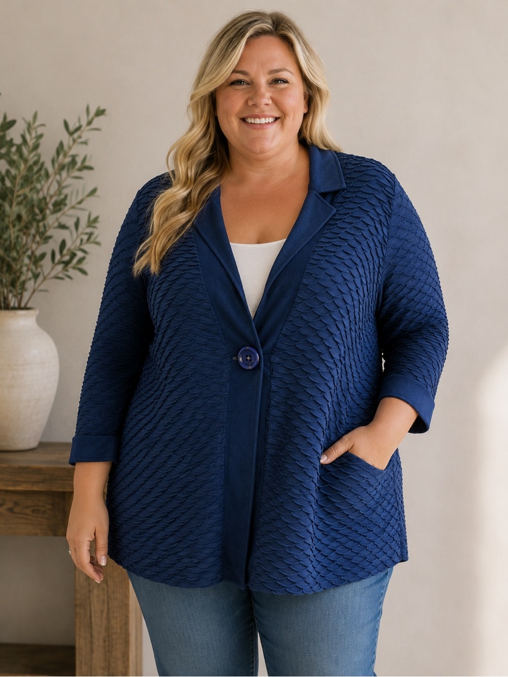 NWT Slinky 2X Jacket Royal Blue Textured Pleated One Button Cardigan Casual Chic